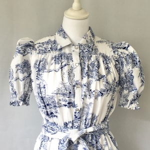 Vestido midi de toile de jouy azul marino y blanco