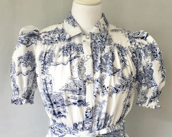 White and navy blue french prints cotton midi dress