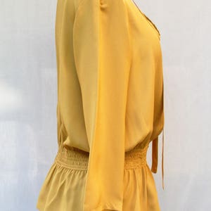 Mustard yellow smock crepe fabric blouse Yellow crepe fabric tunic tie neckline blouse Hand made Made in France image 3