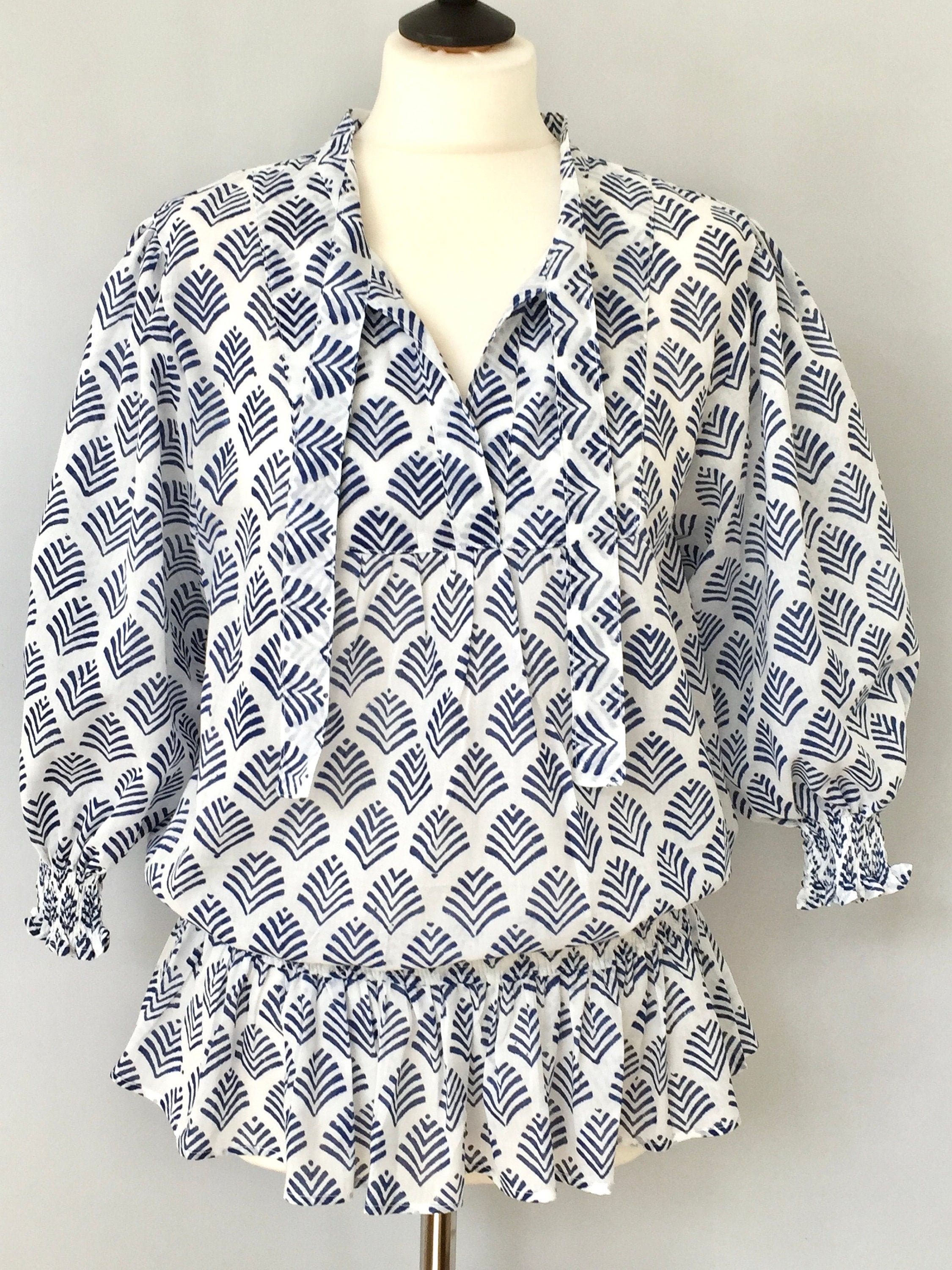 White and Blue Woman Blouse - Etsy UK