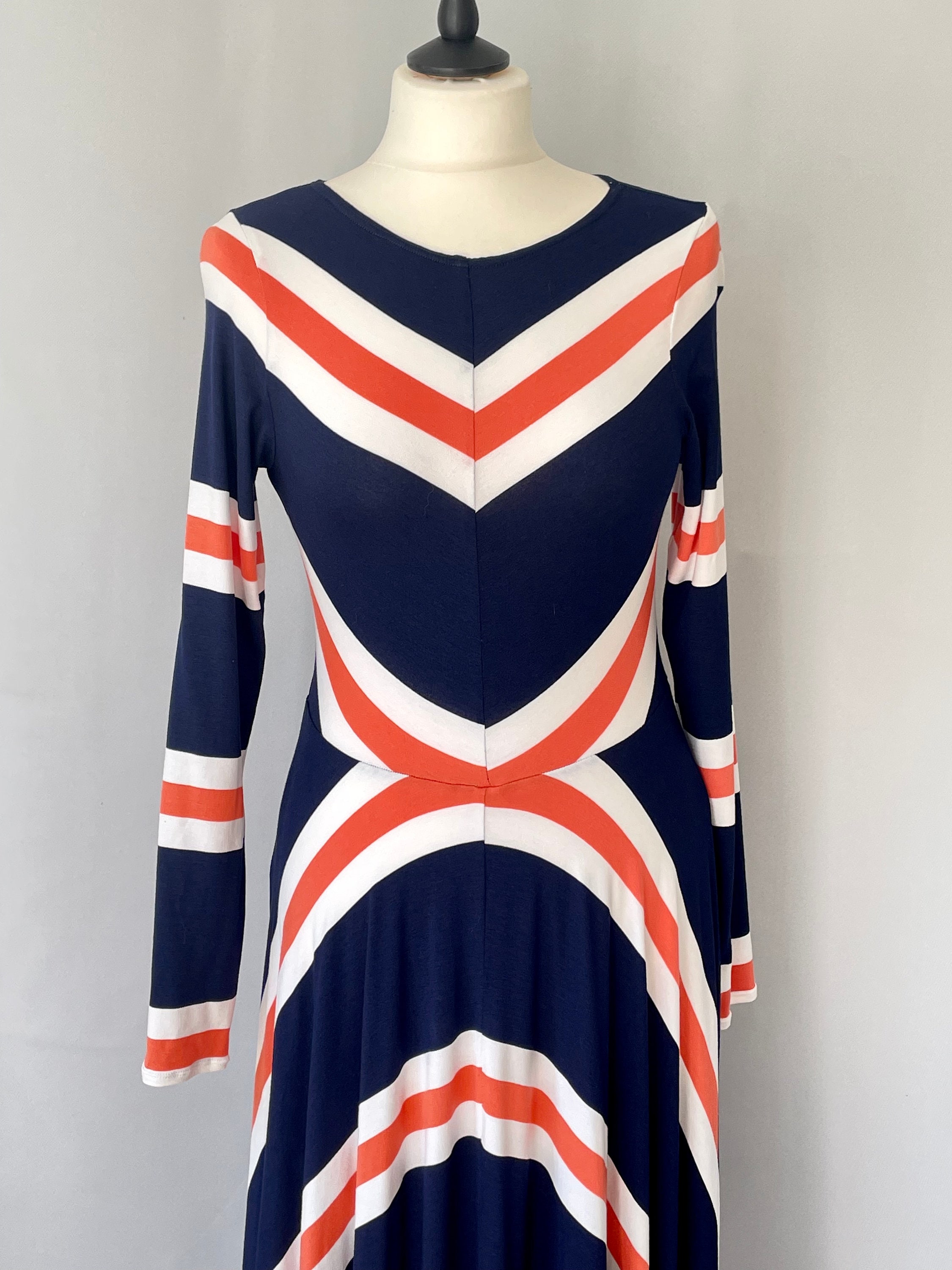 navy blue and red striped dress Women's Exactly Like This Navy Stripe Ribbed Knit Cutout Cotton Maxi Dress | Size: L