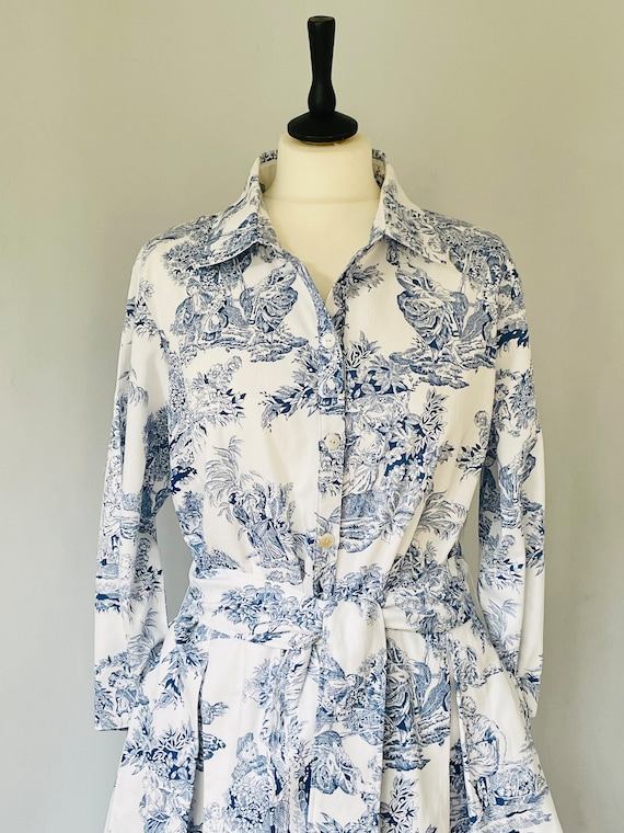 Toile de Jouy shirt dress midi length Toile de Jouy shirt dress midi length
