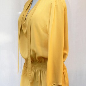 Mustard yellow smock crepe fabric blouse Yellow crepe fabric tunic tie neckline blouse Hand made Made in France image 2