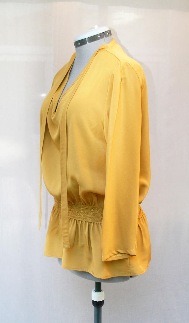 Mustard yellow smock crepe fabric blouse Yellow crepe fabric tunic tie neckline blouse Hand made Made in France image 2