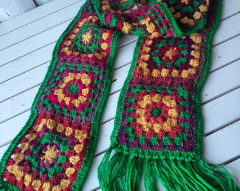 Granny Square Scarf, Crochet Retro Scarf, Long Patchwork Scarf, Green Afghan Scarf, Gift For Her, Boho Crochet Scarf