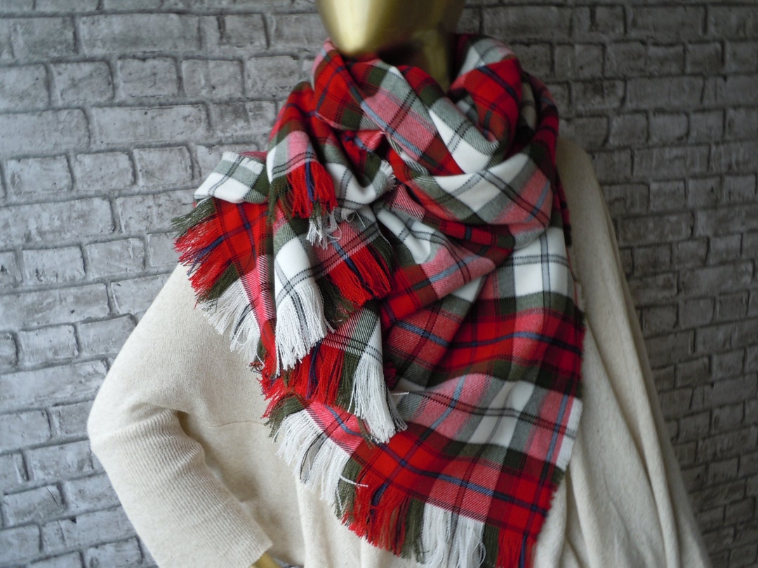 Red Blanket Scarf, Red Ivory Flannel Scarf, Tartan Scarf , Unisex Scarf