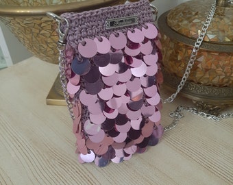 Lilac  Sequin Fashion Phone Bag, Crochet phone bag, Crossbody Phone Bag, Small Paillette Sequin Phone bag, Gift For Her
