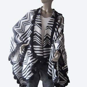 Chevron Poncho, Aztec Poncho, Outerwear Coat, Women Clothing, Ethnic Poncho , black and white poncho image 5