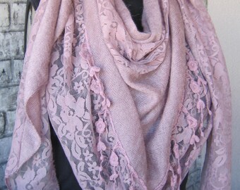 Pink knitted scarf, lace and knit scarf, winter scarf, women gift scarf, gift for women