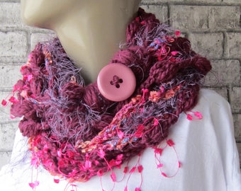 Burgundy and fuchsia, braided scarf,  Lariat scarf, Herringbone women scarf, pink button, women accessories