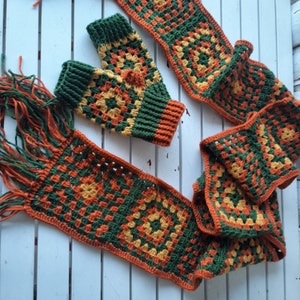 Granny Square Afgan Scarf, Granny Square Crochet Retro Scarf Gloves set, Retro Scarf Fingerless Gloves, Knit Muffler, gift for her 画像 3