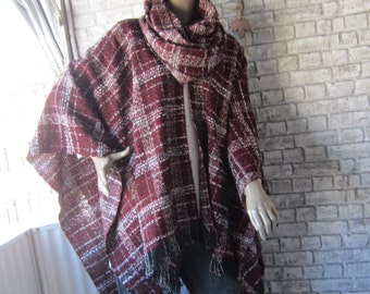 Maroon Plaid Ponchos And Infinity Scarf,  Winter Poncho,Womens Cape,Womens Cloak,Womens Ponchos,Christmas gift