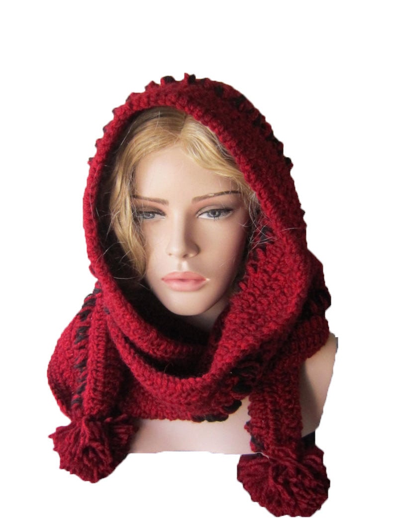 Red Hoodded scarf, Winter crochet Hood, Women İnfinity hood, womens hood scarf, Winter womens accessories ,For her gift image 2