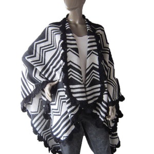 Chevron Poncho, Aztec Poncho, Outerwear Coat, Women Clothing, Ethnic Poncho , black and white poncho image 1