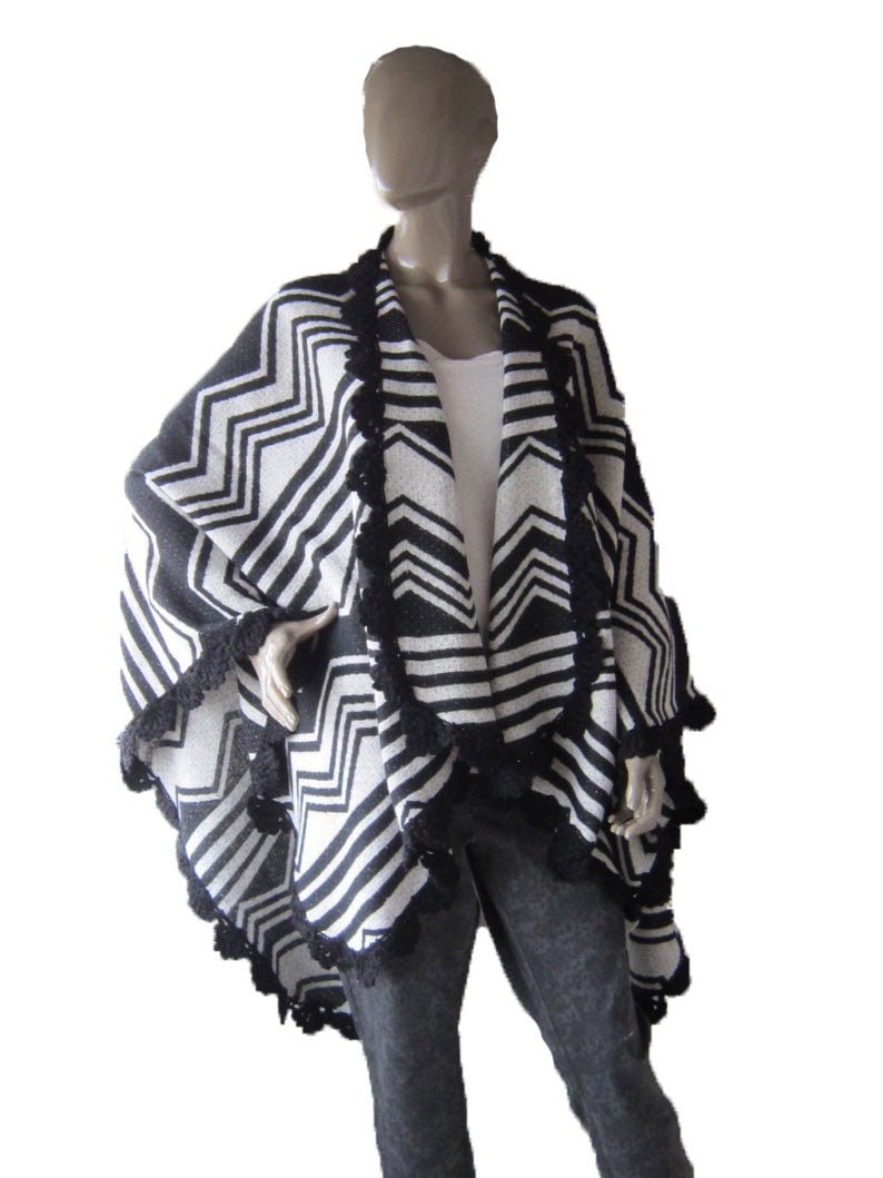 Chevron Poncho, Aztec Poncho, Outerwear Coat, Women Clothing, Ethnic Poncho , black and white poncho image 1