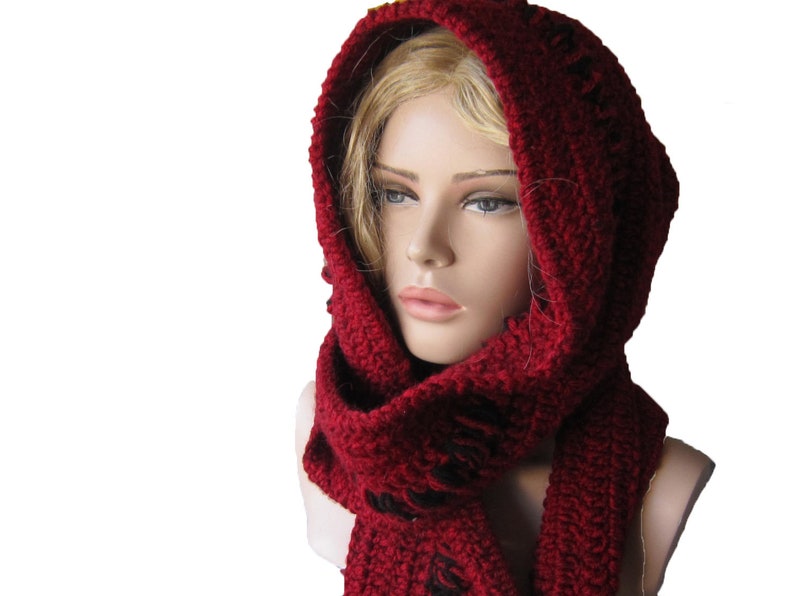 Red Hoodded scarf, Winter crochet Hood, Women İnfinity hood, womens hood scarf, Winter womens accessories ,For her gift image 4