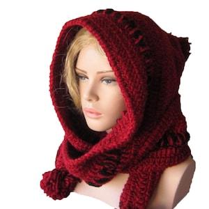 Red Hoodded scarf, Winter crochet Hood, Women İnfinity hood, womens hood scarf, Winter womens accessories ,For her gift image 1