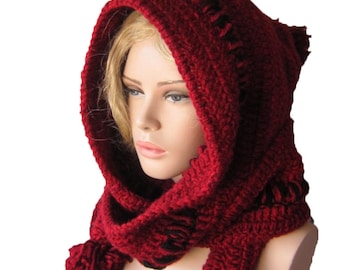 Valentine days  gift Red Hoodded scarf/ Winter crochet Hood, İnfinity hooh, chunky womens hood scarf, Winter womens accessories