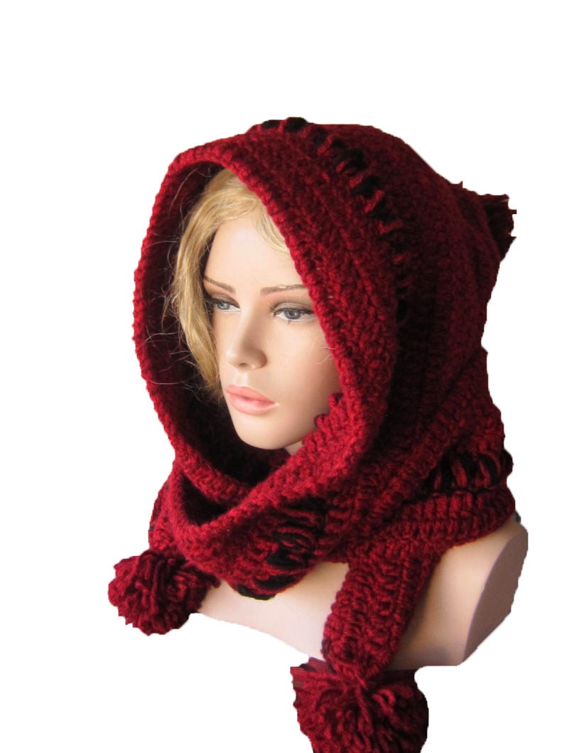 Red Hoodded scarf, Winter crochet Hood, Women İnfinity hood, womens hood scarf, Winter womens accessories ,For her gift image 1