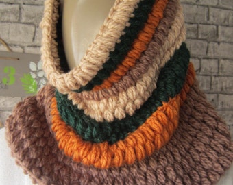 Crochet Hood Scarf, Chunky Women And Men Scarf, Orange Grenn Brown Crochet scarf, Women accessories