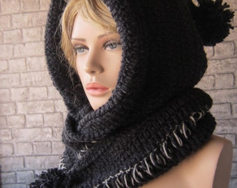 Crochet Hooded Scarf, Crochet Cowl, Hood Scarf, Crochet Hood Scarf, Knit Cowl ,Dark grey andblack hood scarf