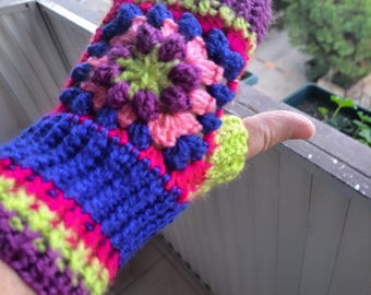 Granny Women Crochet Gloves, Winter Women Fingerless, Gift For Her, Neon Granny Gloves, Hippie Gloves, Retro Gloves