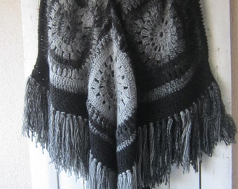 Dark grey and Black Motif Poncho / Womenh Hippie Style Poncho Crochet  hand Ponchos  Ready to Ship Fiesta Crochet Boho Poncho