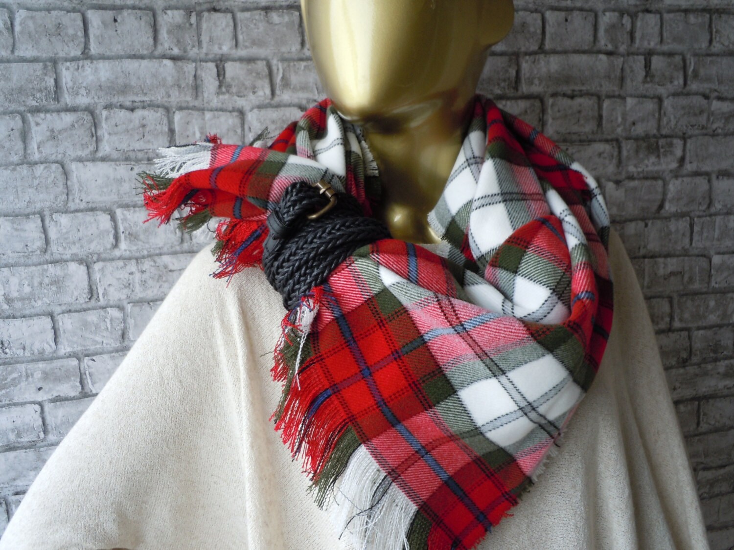 Red Blanket Scarf, Red Ivory Flannel Scarf, Tartan Scarf , Unisex Scarf