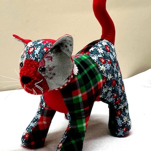Keepsake Patchwork stuffed Kitty Cat with whiskers made from your clothes