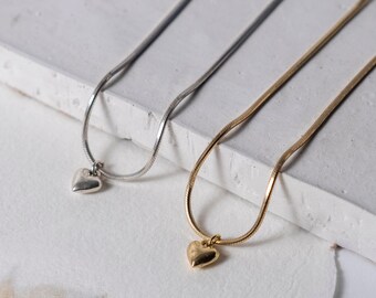 24K Gold Plated/925 Sterling Silver Puffy Heart Pendant, Everyday Necklace, Tiny Heart Necklace, Minimalist Chain, Layering Necklace