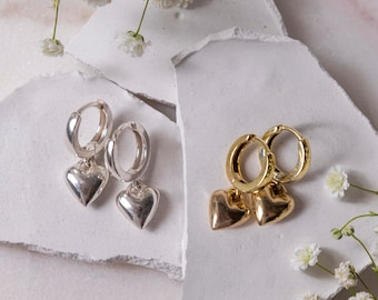 Boucles d’oreilles Puffy Heart en argent sterling plaqué or 24K / 925, boucles d’oreilles vintage Heart, boucles d’oreilles Heart Drop, boucles d’oreilles pendantes, boucles d’oreilles minimalistes