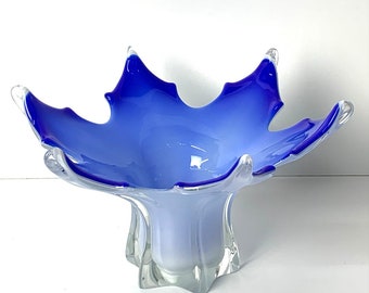 Vintage Mid-Century Murano Blue and White Flower Bowl