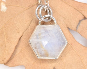 Rainbow Moonstone Sterling Silver Hexagon Pendant - Honeycomb Shape white Moonstone Necklace