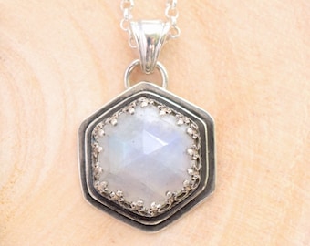 Rainbow Moonstone Sterlings Silver Hexagon Pendant - Blue and White Genuine Moonstone Geometric Necklace