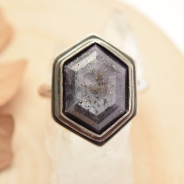Purple Star Sapphire Sterling Silver Ring - Long Hexagon Genuine Gemstone Statement Jewelry