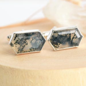 Sterling Silver Moss Agate Cuff Links - Long Hexagon Natural Green Stone