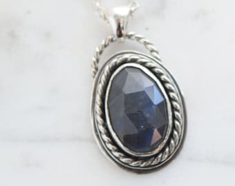 Labradorite Sterling Silver Pendant - Dark Blue Faceted Oval Genuine Gemstone Necklace