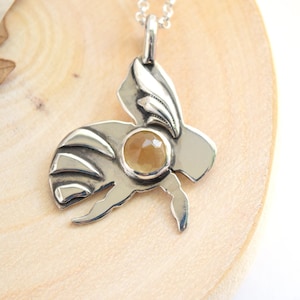 Large Bumblebee Pendant with Citrine - Honeybee Necklace with Yellow Genuine Gemstone