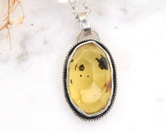 Yellow Fossilized Tree Resin Oval Honeycomb-Cut Sterling Silver Pendant
