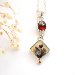 Colgante de plata de ley con granate y ágata escénica - Collar de ágata dendrita