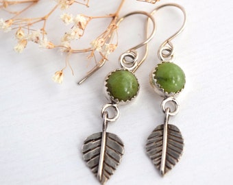 Green Jade Sterling Silver Leaf Earrings - Round Green Gemstone With Handmade Leaf Detail