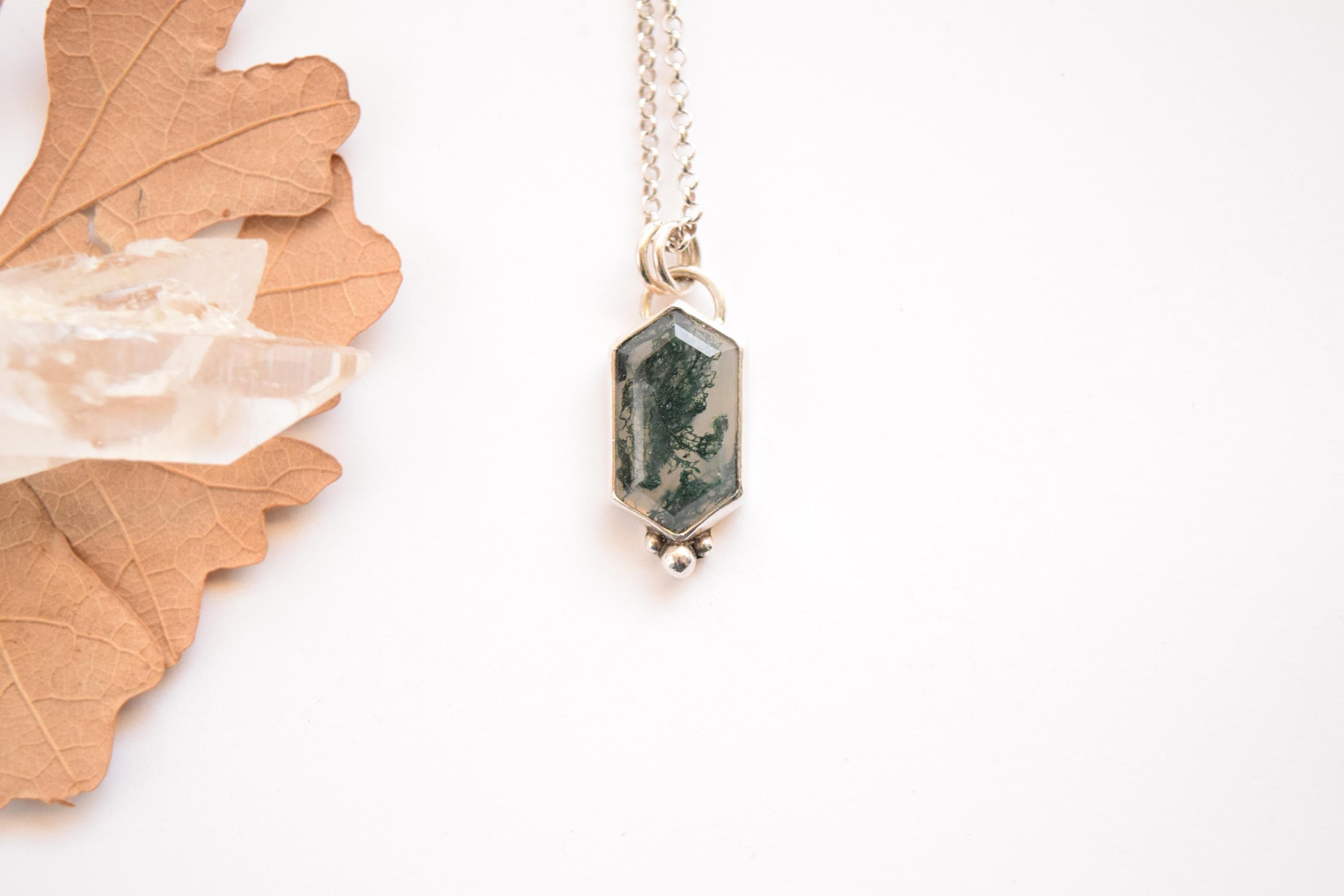 Moss Agate Long Hexagon Sterling Silver Pendant - Genuine Gemstone Geometric Minimalist Necklace - Pendant Only
