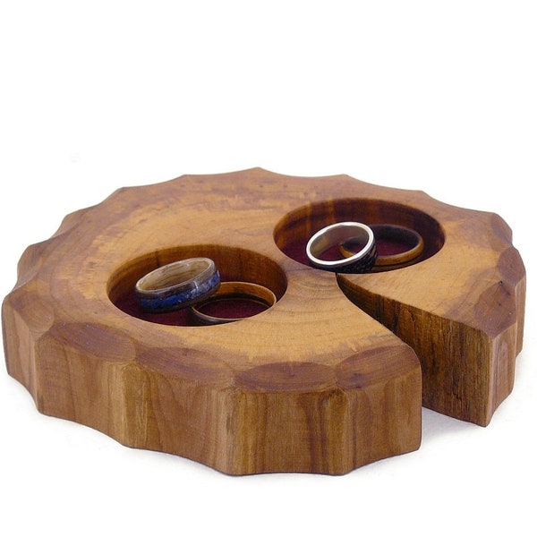 6" Salvaged Plum Ring Trinket Dish Natural Wood Bedside jewellery bowl tray Rack Earring Holder Suede Inlay Display log sustainable decor