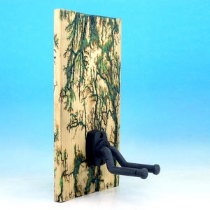 13&quot; Lichtenberg Figures Green Lightning Fractal Burned Wood Guitar Banjo Hanger Holder Stand Board Natural Hook Art Decor Bass