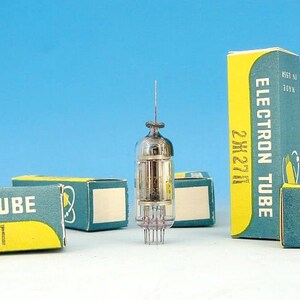 May include: A silver vacuum tube with a glass casing and a metal base. The tube is surrounded by four boxes labeled "Electron Tube 2Ж27П" in yellow and blue. The boxes are on a blue background.