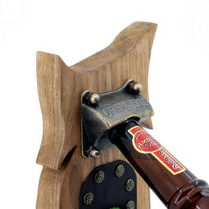Wall Mounted Genuine Leather Walnut Wood Handcrafted Beer Bottle Cap Opener Magnet Board Bar Kitchen Man Cave Decor Drinking Accessory