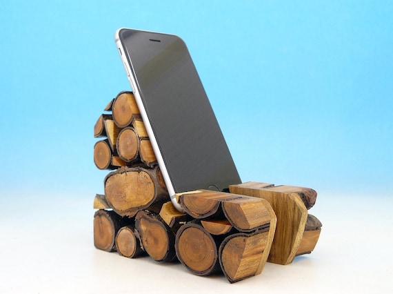 Handcrafted Cherry Wood Log Phone Stand: Rustic Office Decor - Etsy