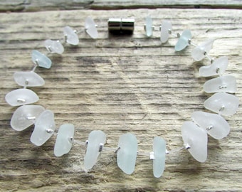 White Sea Glass Bracelet, Natural Sea Glass Jewelry, Mermaid Bracelet, Seaglass Jewellery, Magnetic Beach Bracelet, Genuine Sea Glass Art