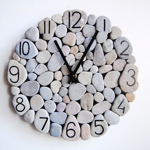 Gray Stone Mosaic Clock 10", Pebble Art Clock, Stone Wall Clock, Beach Theme Gift, Coastal Decor, Seaside Design, Grey Stone & Metal Clock
