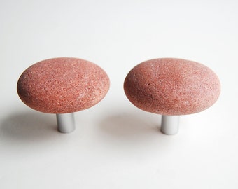 Pink Stone Knobs (Pair), Beach Stone Door Knobs, Natural Stone Cupboard Knob, Sea Stone Pull, Drawer Knobs, Pebble Art, Pebble Handle